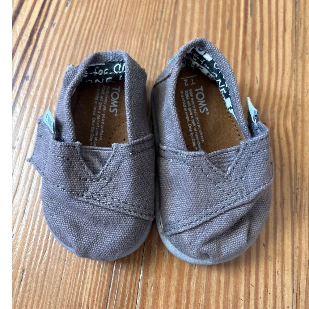 TOMS Alpargata Shoes Kids Grey‎ Canvas Hook and Loop Slip On SIZE T2